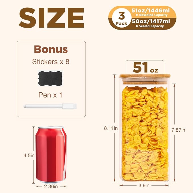 SHOWIN Glass Food Storage Jars Square 51oz, 3 Pack Glass Jars With Bamboo Lids, Kitchen Storage Containers For Spice, Candy, Cookie, Storage For Pantry Organizers