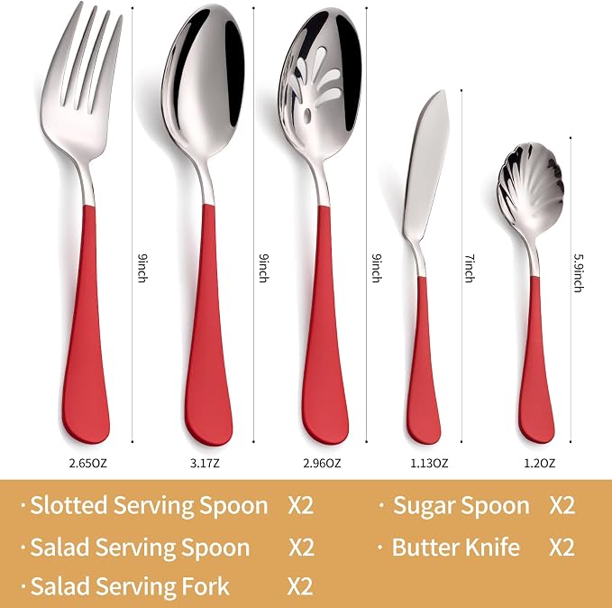 10 Pieces Red Serving Set, 18/0 Stainless Steel Hostess Set, Slotted Serving Spoon, Salad Spoon/Fork, Butter Knife, Two Color Combinations Set, Dishwasher Safe