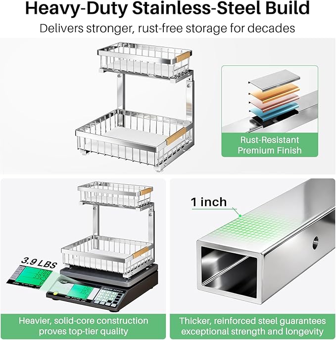 Kitstorack Under Sink Organizer, 2 Tier Under the Sink Storage, Slide out Pull out Cabinet Organizer Shelf, Metal Sliding Drawer for Kitchen Bathroom Pantry Closet Organization Rack, Silver, 2 Pack