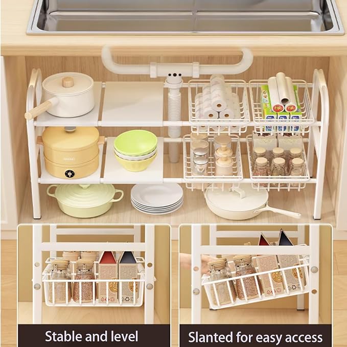 Under Sink Organizer，2 Tier Expandable Heavy Duty Metal Shelf，with 5 Removable Panels and 5 Storage Basket for Under Kitchen Bathroom Sink Organizers and Storage(White, Large)