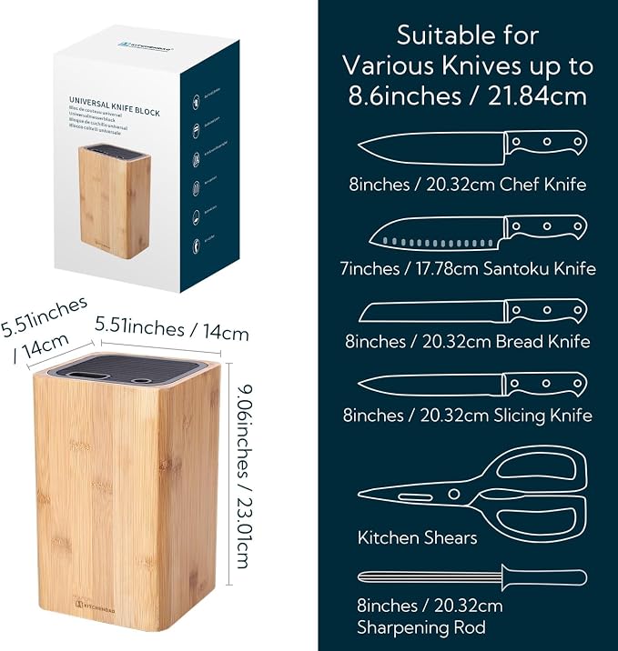 Deluxe Universal Knife Block with Slots for Scissors and Sharpening Rod - Bamboo Knife Holder For Safe, Space Saver Knives Storage - Unique Slot Design to Protect Blades - by KITCHENDAO