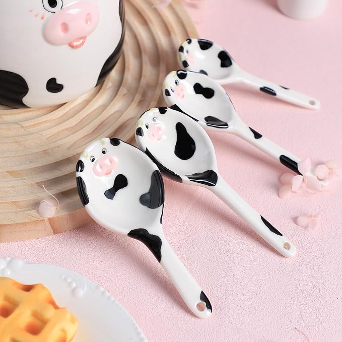 Ceramic Cow Pattern Measuring Spoons Set for Dry or Liquid with Measuring Cup Set, 4 PCS Kitchen Measuring Baking Spoons Cooking Measuring Spoons for Kitchen Baking Tool Utensil Set