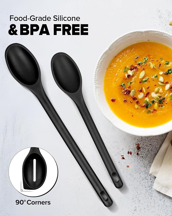 Silicone Cooking Spoons Set, Heat Resistant Kitchen Utensils, Non-Stick BPA Free Solid & Slotted Spoons for Mixing, Scooping, Draining, Serving, Basting (4 Pack) (BLACK)