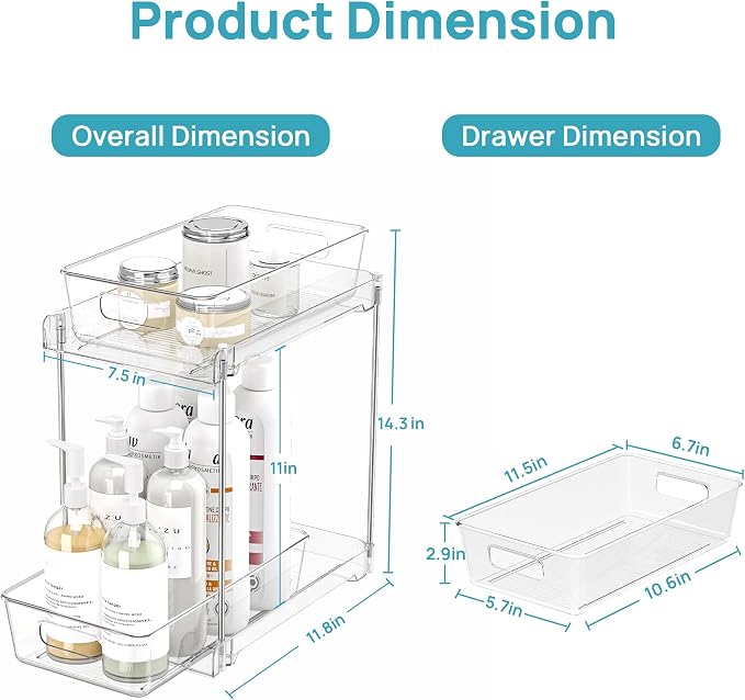 Vtopmart 2 Pack Taller Pull Out Bathroom Under Sink Organizer (S-Higher) | Slide-out drawers, Multi-purpose storage, Clear visibility, Easy Set-up