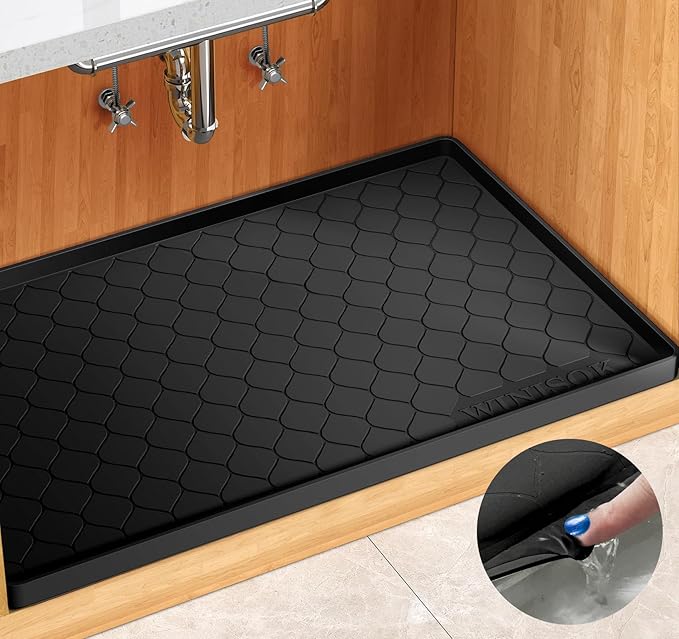 Winisok Waterproof Under Sink Mat 34" x 22", Silicone Mat, Black | Raised Edge Traps Spills & Leaks, Shelf Liner, Cabinet Protector, for Kitchen, Bathroom, Boots, Pets, Home Essentials