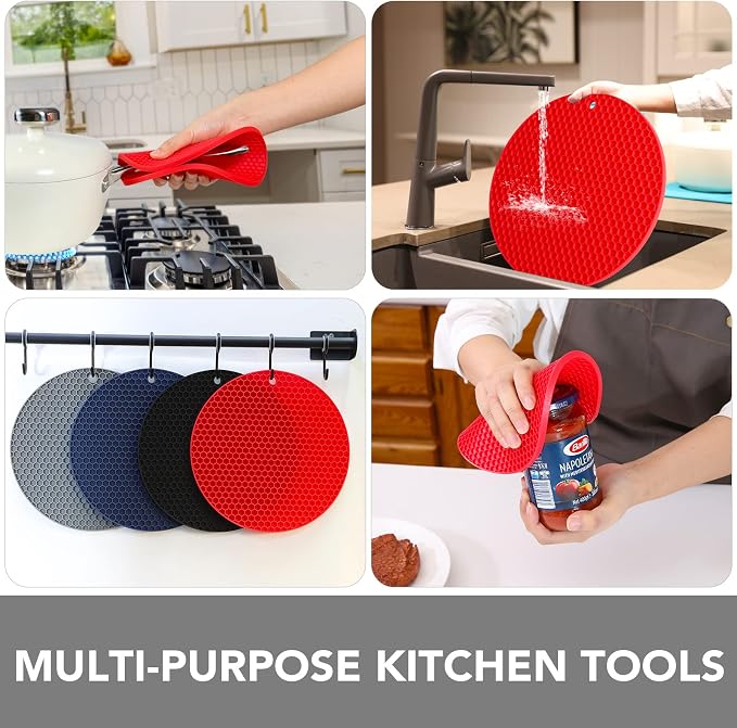 4 Pack Silicone Trivet for Hot Dishes | Heat Resistant Silicone Pot Holders for Kitchen Countertops, Hot Dishes, Jar Opener, Spoon Holder, Easy to Wash and Dry, Red