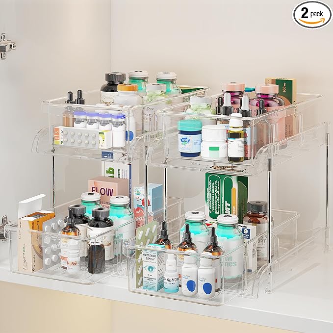 2-Pack 2-Tier Under Sink Organizers with Sliding Drawers | Multi-use kitchen & bathroom storage, 10.6 inch clear cabinet organizer, space-saving sliding drawer design.