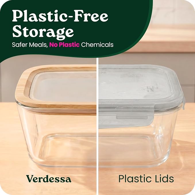 Large Glass Food Storage Containers with Glass Lids & Bamboo Rim – 87 Oz 2 Pack Plastic Free Glass Meal Prep Containers for Lunch, Eco Friendly Airtight Food Storage, Microwave & Oven Safe