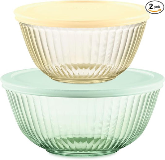 Pyrex Colors (2-Pack) Sculpted Tinted Small/Medium Glass Mixing Bowls | 1.3QT & 2.3QT nesting bowls with plastic lids, for prepping & baking