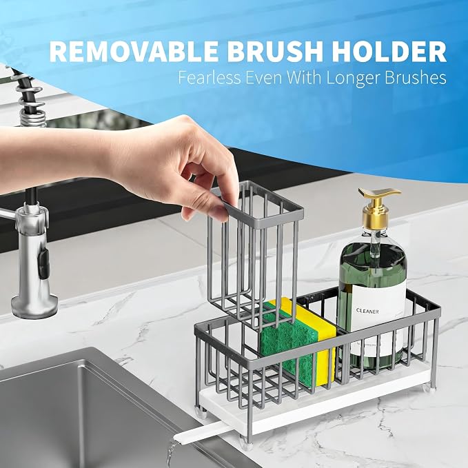 Cisily Sponge Holder for Kitchen Sink, Sink Caddy Organizer with High Brush Holder, Kitchen Countertop Organizers and Storage Essentials, Rustproof 304 Stainless Steel (Gray, 9.25″)