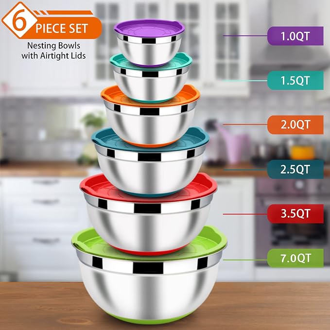 LIANYU Nesting Mixing Bowls Set of 6, Large Size 7, 3.5, 2.5, 2, 1.5, 1QT | Stainless Steel Metal Bowls with Airtight Lids, for Baking Cooking Food Storage, Non-slip Bottom, Colorful