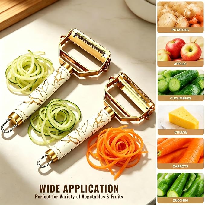 MULTI-FUNCTIONAL 3-IN-1 PEELER, Stainless Steel Peeler, Fruit, Potatoes Peeler for Kitchen,The three functions of peeling, shredding, digging holes are integrated with Ergonomic Non-Slip Handle(gold)