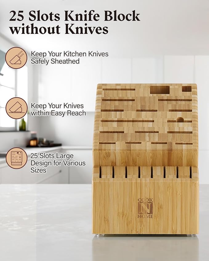 Cook N Home Basics,Bamboo Cutlery Block without Knives, Universal Knife Holder Countertop Butcher Block Knife Stand for Easy Kitchen Storage, 25-Slot