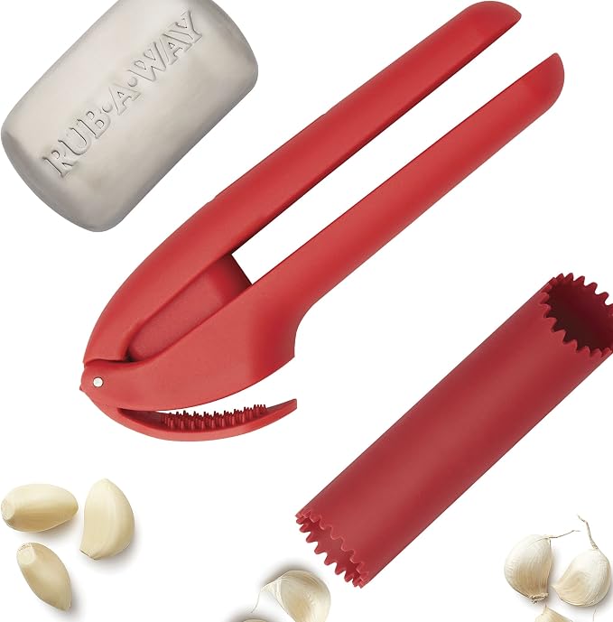 Farberware 3-Piece Garlic Set with Garlic Press, Garlic Peeler, and Rub-A-Way Odor Eliminating Bar - Dishwasher Safe Kitchen Gadget Tools for Easy Garlic Prep
