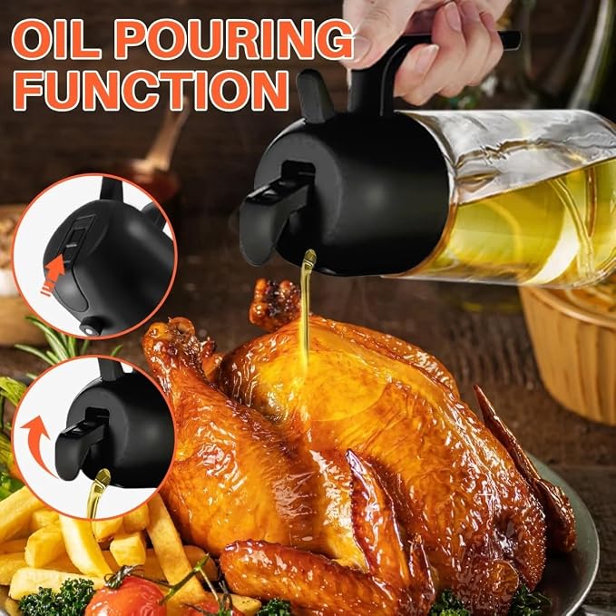 Oil Sprayer for Cooking 2 in 1, 470ml/16oz, Oil Spray & Dispenser Glass Bottle, Food-grade material for Kitchen, Salad Dressing, Frying, Air Fryer & BBQ (Green&Black)