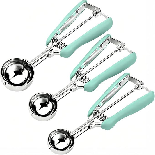 HOMURE H Cookie Scoop Set, Include 1 Tbsp/2 Tbsp/3 Tbsp, Cookie Dough Scoop, Cookie Scoops for Baking Set of 3, Mellon Baller Scoop, Mint Handle, Non-Slip, For Cookies Cupcake Muffin Ice Cream waffle