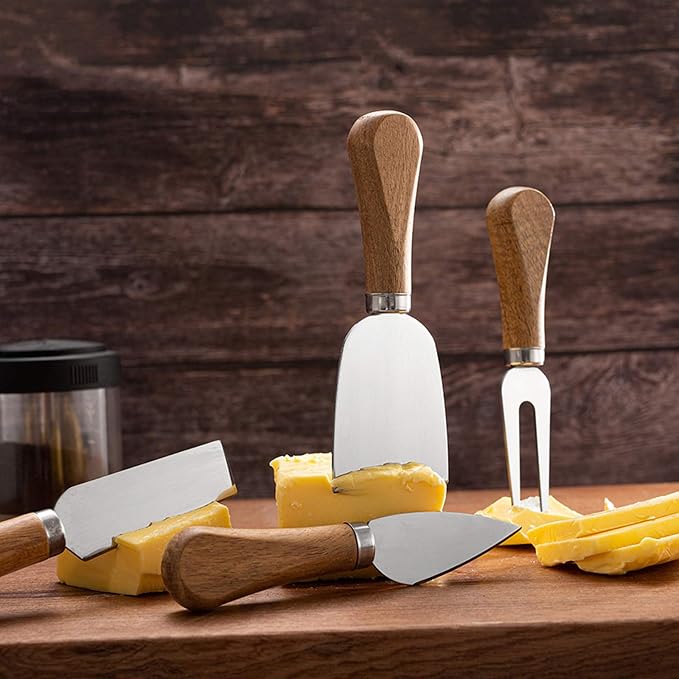 4 Pieces Cheese Knife Set with Wooden Handles Stainless Steel Cheese Knives, Cheese Spreaders, Butter Knife, Mini Serving Tongs, Forks, Charcuterie Board Accessories for Party, Wedding, and Christmas