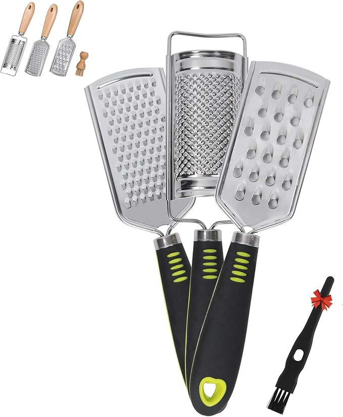Handheld Cheese Grater Set for Kitchen Stainless Steel Mini Cheese Grater with Handle Lemon Zester with Cleaning Brush for Cheese Vegetable Fruit Chocolate (Black Handle) by beardo decor