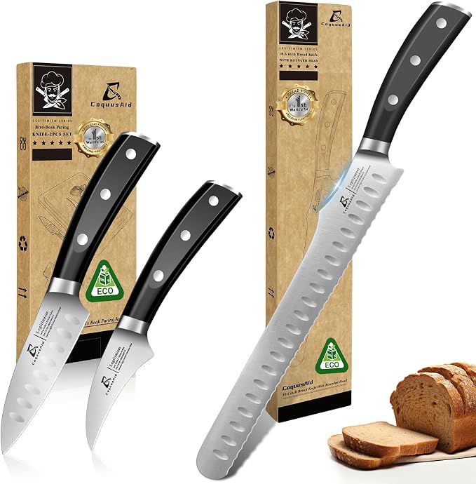 CoquusAid Paring Knife Set 2PCS Fruit & Vegetable+Bread Knife for Homemade Bread