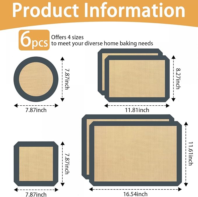 SenseYo 6 Pcs Silicone Baking Mat Non Slip Reusable BPA Free Silicone Rectangular Bakeware Sheet Liner for Cookies Pastry Bread Dough Prep Oven Counter (Gray)