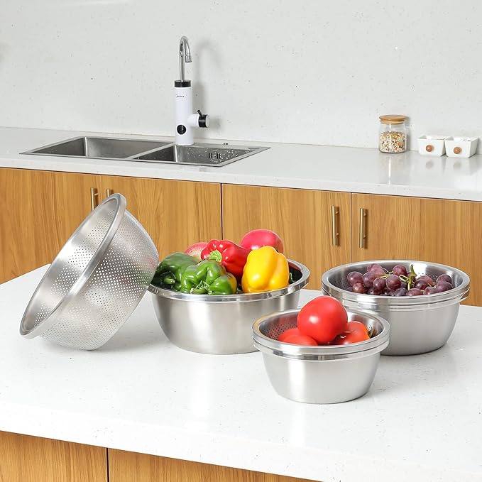 Paoli 304 Stainless Steel Fine Mesh Colander Set, 2QT Large Capacity Strainer with Mixing Bowl — Rinse Fruits, Veggies, Rice & Drain Pasta, Dishwasher Safe (2-Piece)