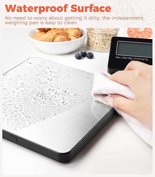 Atogou Wireless Kitchen Scale, 22lb/10kg Food Scale with Detachable Display | 0.01oz/1g Precision, Larger Platform, 9 Units, Counting Function, Stainless Steel, for Cooking, Baking, Shipping, Silver