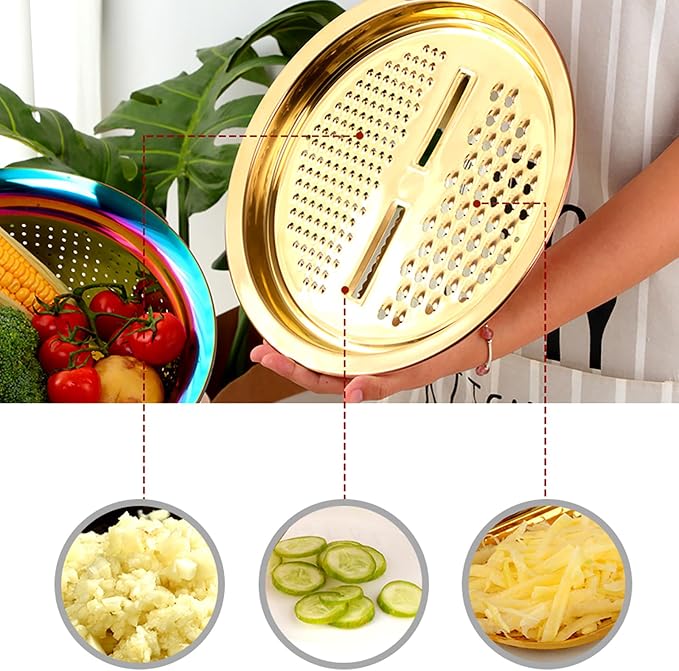 Meisha Colander, 3Pcs Stainless Steel Kitchen Tool 3 in 1 Drain Basket Fruit and Vegetable Cutter Strainer Bowl Set Drain Pot Basket Grater for Fruits Vegetables Rice Washing Mixing, - Iridescent