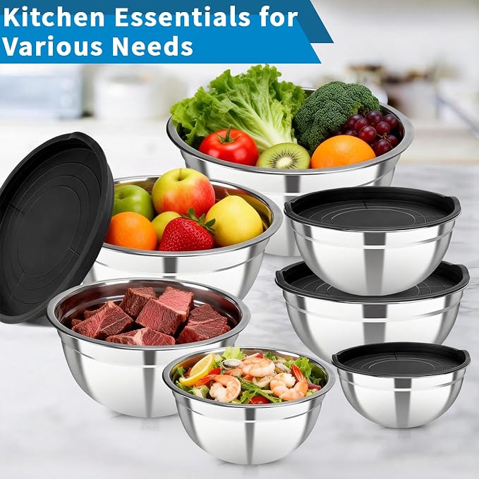 Stainless Steel Mixing Bowls with Lids, 7-Piece Nesting Bowl Set | 0.7,1.1, 1.5, 2.1, 3.5, 4, 4.5 QT stackable stainless steel mixing bowls for baking, food prep, serving and storage