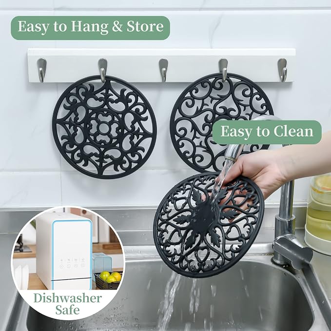 Trivets for Hot Dishes, Silicone Trivet Hot Pads for Kitchen, Silicone Trivets for Hot Pots and Pans, Round Silicon Pot Holder for Tabletop, Heat Resistant Mat for Countertop Set of 6 Black