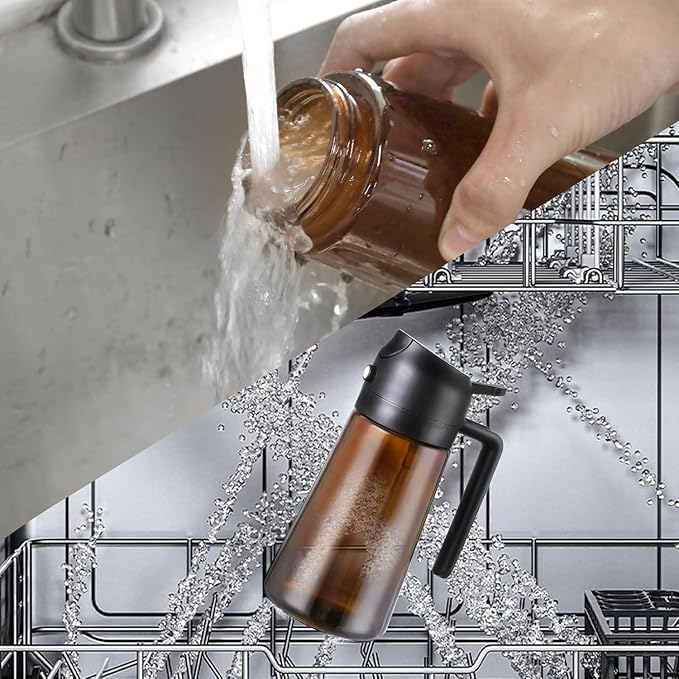 2 In 1 Oil Sprayer for Cooking, 16oz Olive Oil Dispenser Bottle for Kitchen with Light Blocking, Food-Grade Glass Oil Spray Pourer Mister for Air Fryer, Salad, BBQ (Dark Brown, 8 Labels Included)