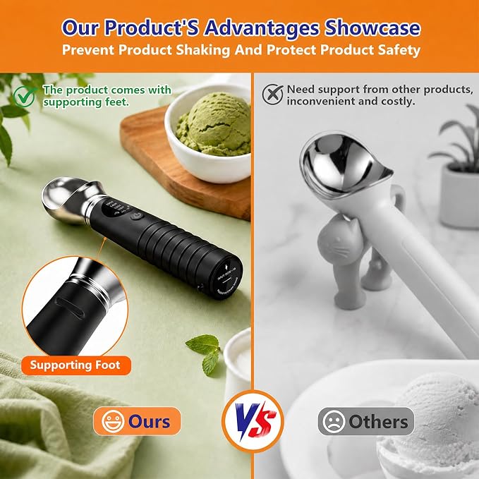Heated Ice Cream Scoop Rechargeable, Electric Ice Cream Scooper with 4 Temp Modes & LED Display, Heats up to 160°F for Rock-Hard Ice Cream, IPX7 Waterproof Kitchen Gadget for Seniors & Kids (Black)