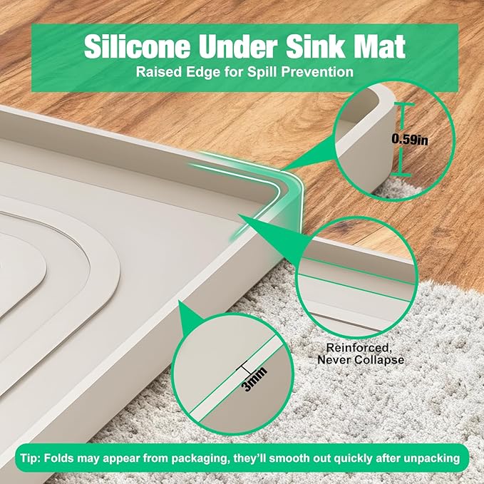 Under Sink Mat 25 X 19, Waterproof Silicone Cabinet Kitchen Liner, Beige | BPA-Free Raised-Edge Cabinet Protector & Leak Tray for Bathroom Cabinets, Boots, Pet Feeding Dog & Cat Mats, Dishwasher Safe