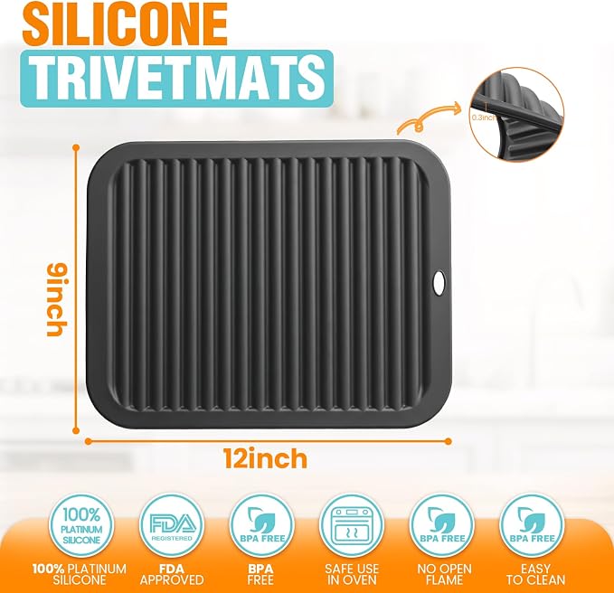 Silicone Trivets for Hot Pots and Pans - 4 Heat Resistant Pot Holders Silicone Trivet Mat Multipurpose Counter Pads (Dark Black)