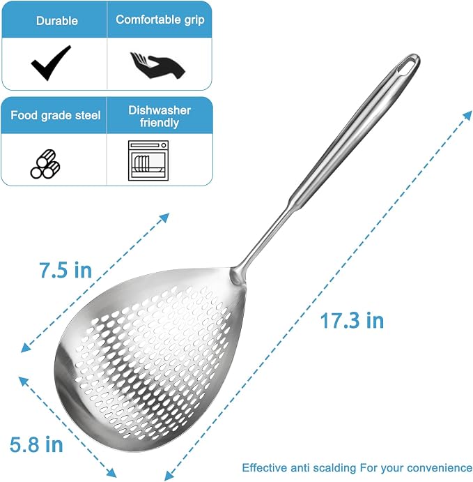 Skimmer Slotted Spoon, Length 17.3 in Diameter 7.5 in Pasta Strainer/Frying Spoon for Kitchen and Colander, Top-notch Steel Spider Strainer/oil strainer for Cooking