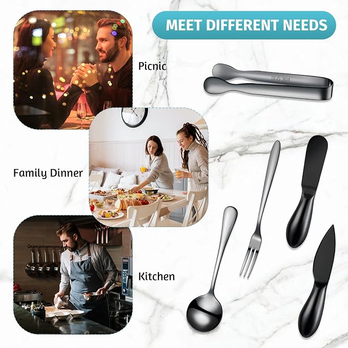 Patelai Charcuterie Board Accessories Cheese Spreader Knife Set Charcuterie Utensils Butter Knife Stainless Steel Mini Serving Tongs Spoons Appetizer Forks for Pastry(Black,20 Pieces)