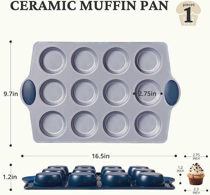 BRONYPRO 12-Cup Non Toxic Nonstick Ceramic Muffin Pan & Cupcake Tin, PFOA & PFOA Free, Heavy Duty Rust-Resistant Aluminized Steel, Oven Safe, Blue