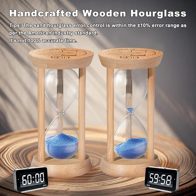 Wooden Sand Timers,10 Minute Bamboo Blue Sand Hourglass for Productivity, Meditation & Decor, 10 Min Reloj De Arena for Kitchen, Office, Game (Blue)