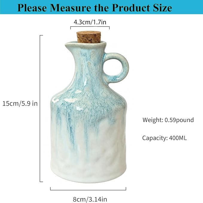 Blue White Ceramic Olive Oil Dispenser Bottle with Cork Stopper 13.5Oz | Reactive Glaze Texture Oil Bottle, Leak Proof Small Spout,Great for Storing Vinegar, Wine, Soy Sauce, Lemon Juice