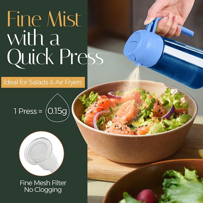 YARRAMATE 16oz/470ml Light-Blocking Dark Oil Sprayer for Cooking (Skyblue) | 2 in1 Olive Oil Dispenser Bottle for Kitchen, Premium Blue Glass Oil Bottle, Food-Grade Oil Mister for Air Fryer, BBQ