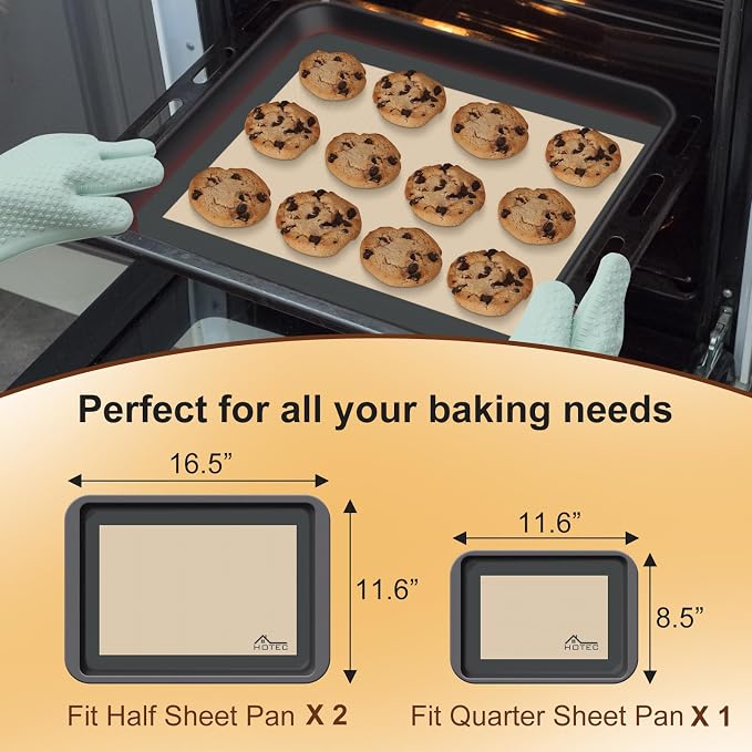 HOTEC Silicone Baking Mats 3 Pack – Thickened Non-Stick Reusable Silicone Baking Sheets for Oven – Cookie & Macaron Mats – 2 Half Sheet + 1 Quarter Sheet – BPA-Free, Dishwasher Safe