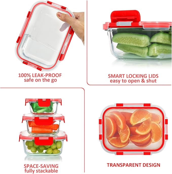 24 Pieces Glass Food Storage Containers Set, Red | Meal Prep Containers, BPA-Free, Airtight Glass Storage Containers with lids, Freezer, Microwave and Oven Safe