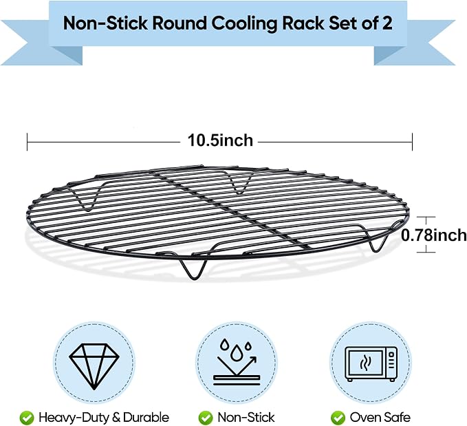 TeamFar 10.5 Inch Non-Stick Cooling Rack, Round Coated Stainless Steel Cooking Wire Rack Set of 2, for Baking/Roasting/Steaming/Cooling, Healthy & Heavy-Duty, Oven Safe & Easy to Clean