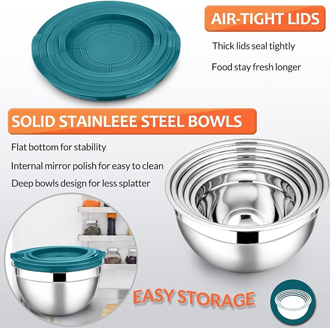 E-far Mixing Bowls with Teal Blue Lids Set of 5, Stainless Steel Mixing Bowls Metal Nesting Bowls with Airtight Covers for Cooking, Baking, Serving, Storage - Size 0.7/1/1.5/3/4.6QT - Dishwasher Safe