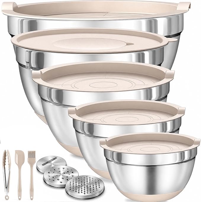 Four Flowers Heavy-Duty Mixing Bowls Set with airtight lids – 11 PCS Stainless Steel Nesting Kitchen Bowls, Mixing Bowls with Non-Slip Bottoms and Grater Attachment, Best for Mixing and Serving
