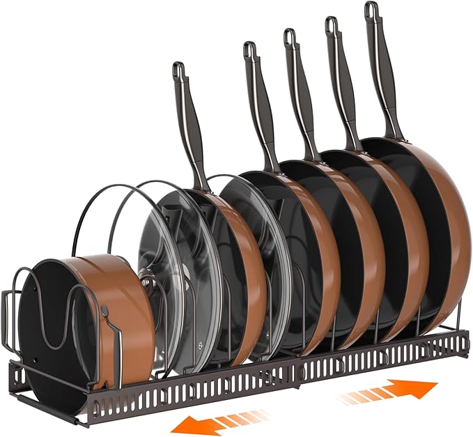 MUDEELA Expandable Pot Pan Lid Organizers inside Cabinet, 10 Divider-Bronze | Expandable 11.8–22.9", 10 Adjustable Divider, Tool-Free Assembly, Non-Slip, Scratch-Proof, For Pan Lid Cutting Board Bakeware