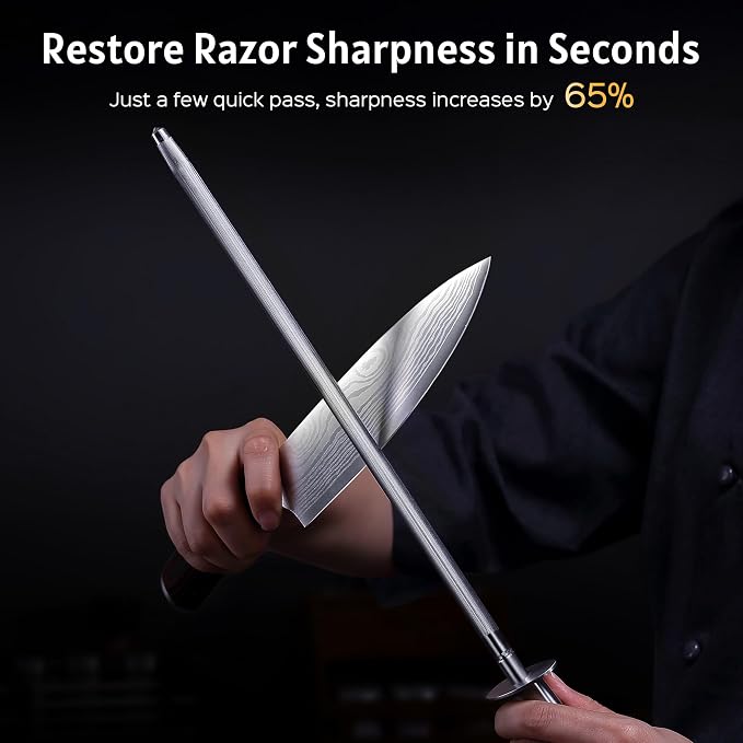 PAUDIN Honing Rod, Knife Sharpener Rod 12 inch, Professional Kitchen Knife Sharpener, High Carbon Knife Sharpening Steel with Ergonomic Pakkawood Handle, Honing Steel for All Chef Knives