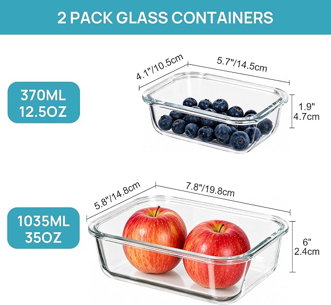 Vtopmart Glass Food Storage Containers, 35oz + 12.5oz with Lids | Meal Prep Containers, Airtight Reusable Lunch Container Set, Safe for Oven, Microwave, Freezer, and Dishwasher, BPA Free