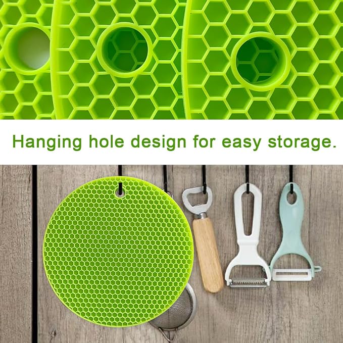 7-Inch Round Silicone Trivet Mats - 4-Pack Non-Slip Heat Resistant Hot Pads for Kitchen Countertops, Pots and Pans (Green)