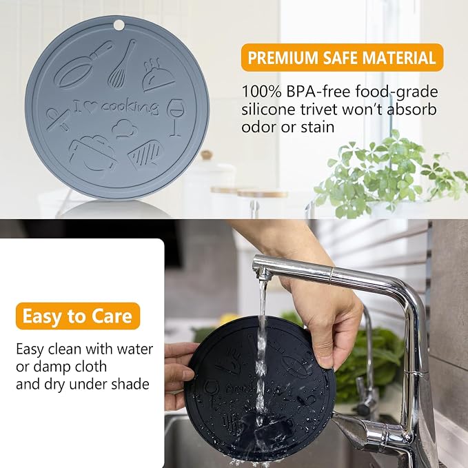 Silicone Trivet Mats - 3 Heat Resistant Pot Holders, Non-Slip Hot Pads for Kitchen, Food Grade Silicone, BPA Free, Easy to Wash (Black and Grey 6-Piece Set)