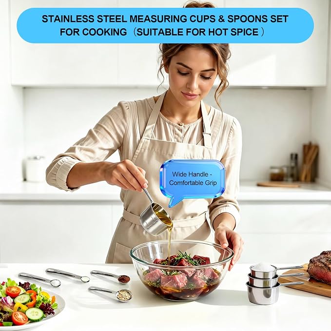 8 PCS Stainless Steel Measuring Cups and Spoons Set, Engraved Metric & US Measurement Measuring Cups and Spoons, Food Grade Metal Measure Cups for Dry & Liquid Kitchen Cooking Baking, Dishwasher Safe